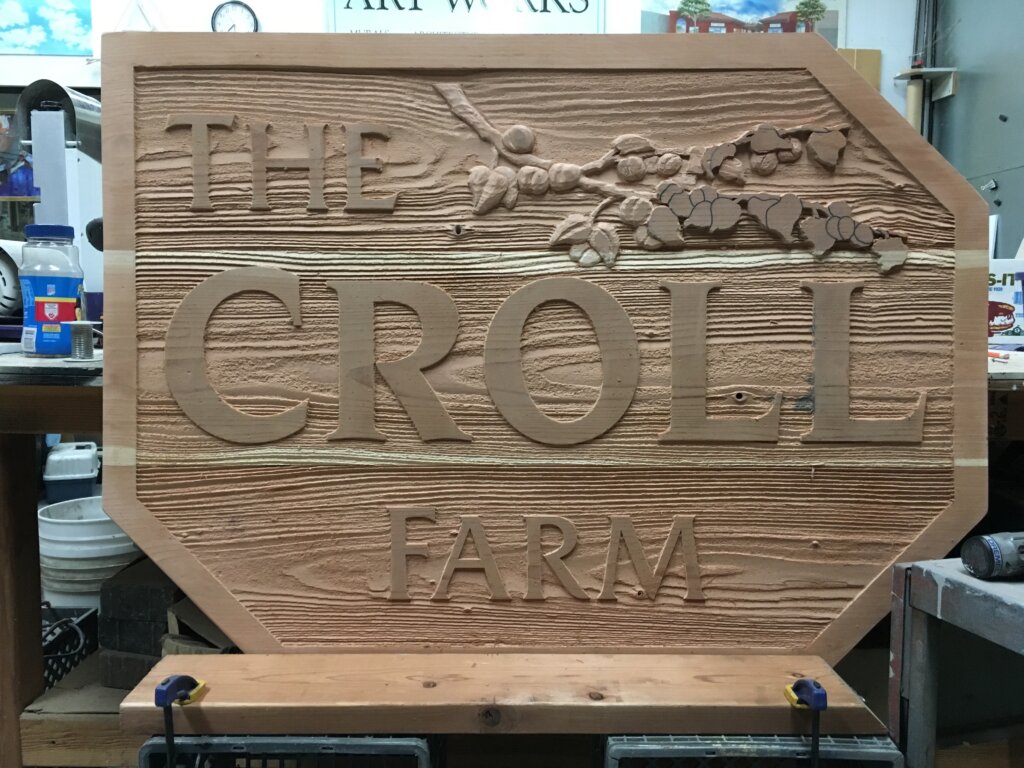Los Altos Hills custom signs carved croll farm front before