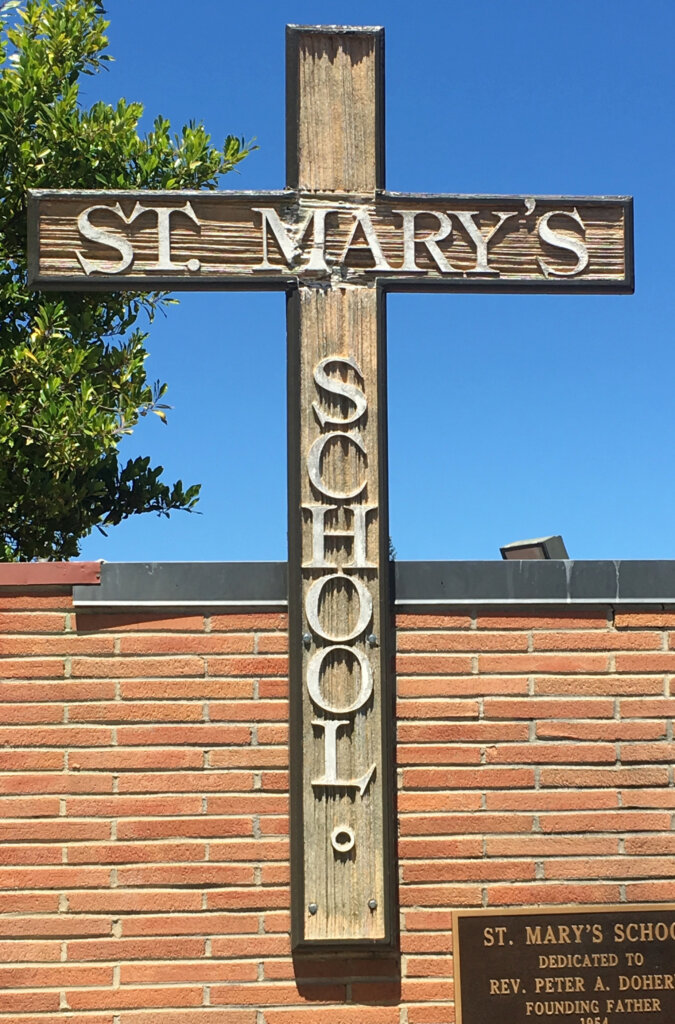 Los Gatos church sign st marys school cross wood before