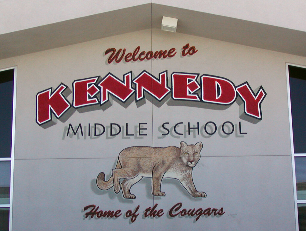 custom school signs Cupertino kennedy front wall mascot mural