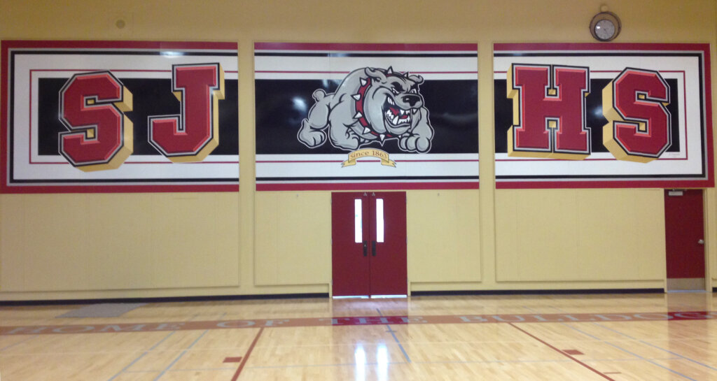 custom school signs San Jose high gym mascot mural painting bulldog close up