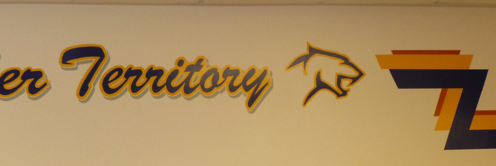 custom school signs Saratoga mascot coaches office detail