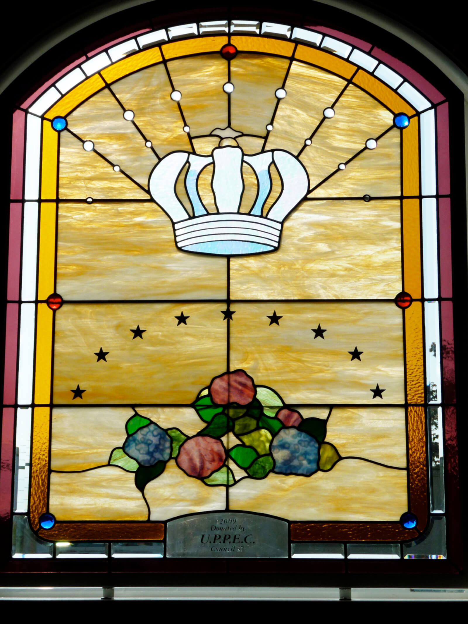 stained glass Chowchilla church flor acoriana chapel side window california