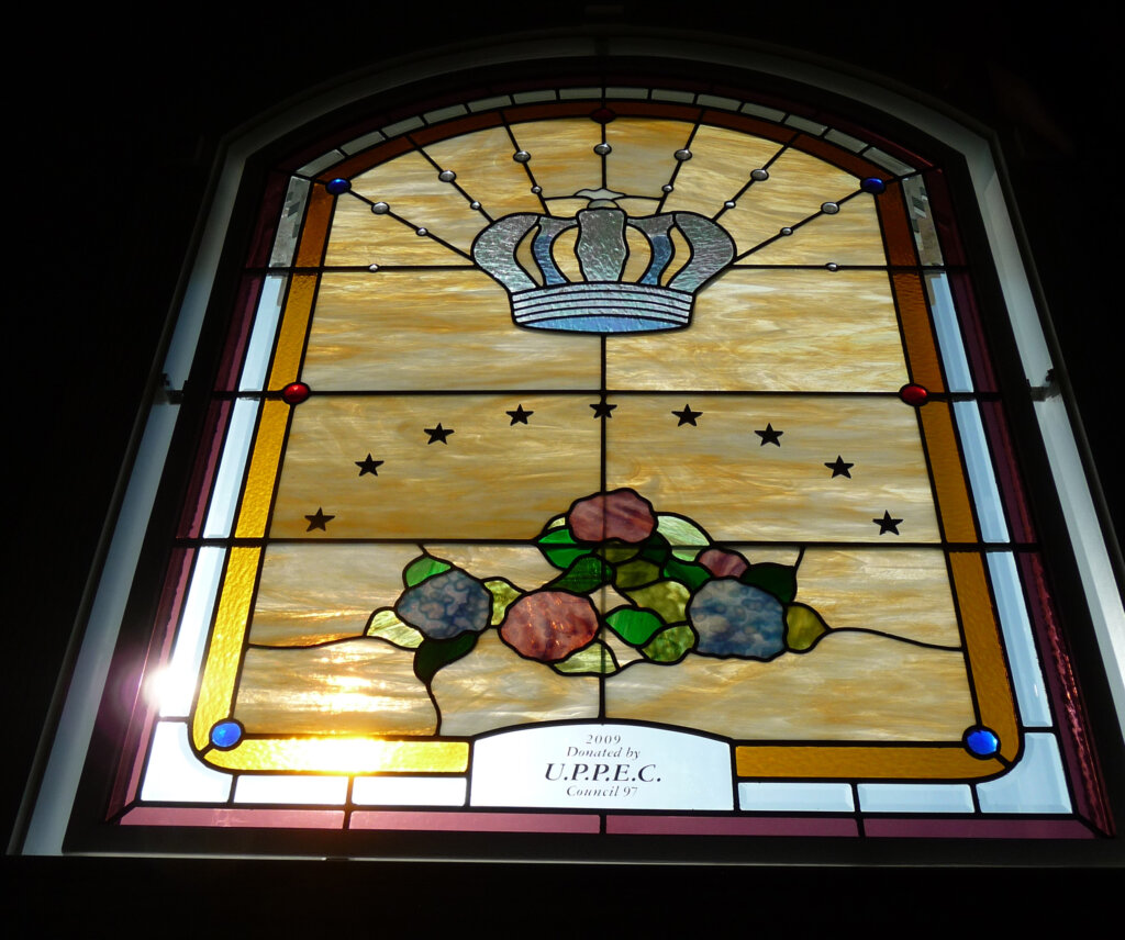 stained glass Chowchilla church flor acoriana chapel side window detail california