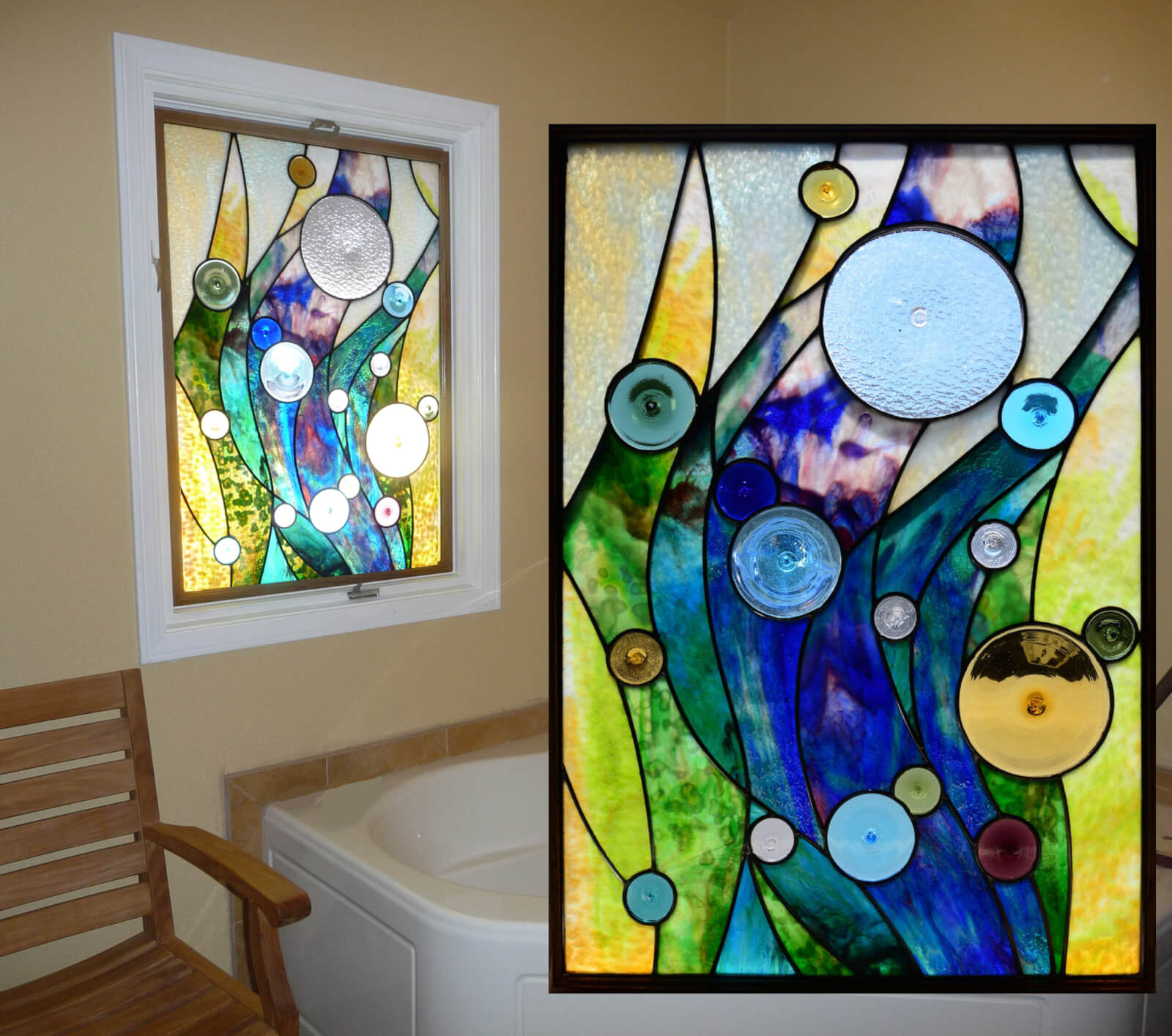 stained glass Los Gatos bathroom window pacific currents california