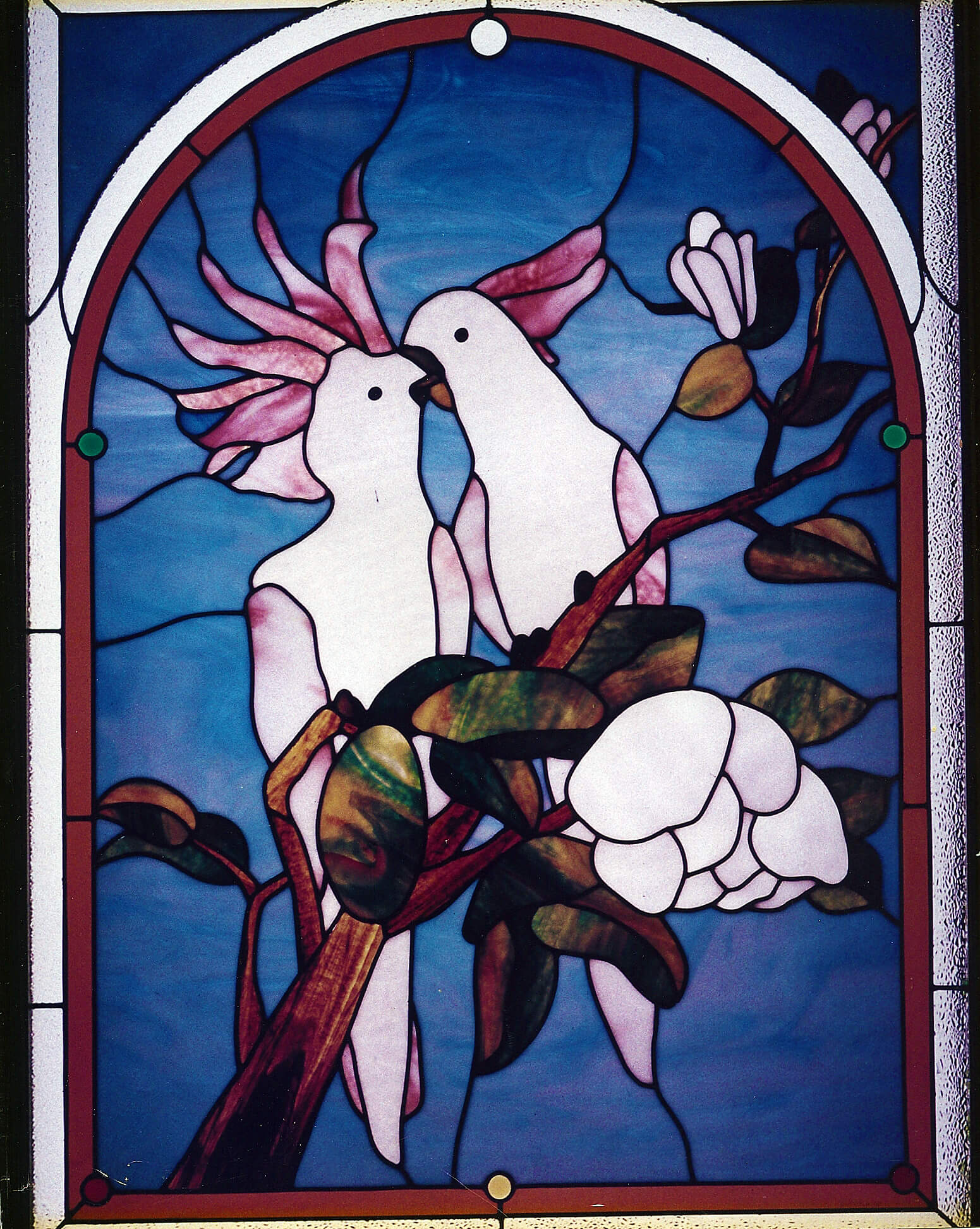 stained glass Los Gatos panel cockatiels california