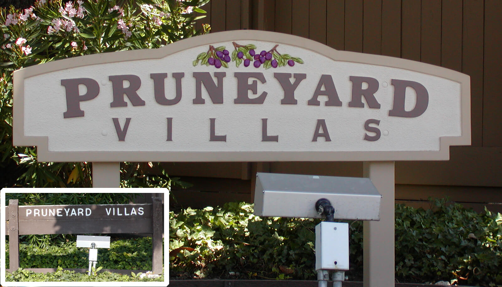 Custom wooden sign for The Pruneyard Villas located in Campbell, CA